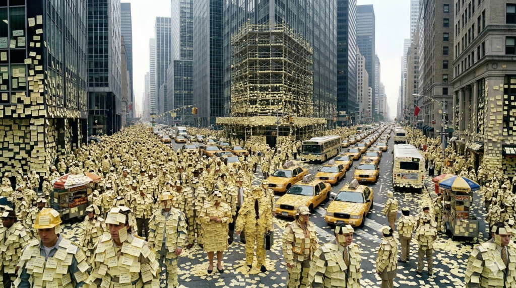 working crowd, all covered by post-it notes